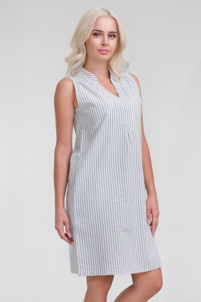 Cepli Yıkanmış Pamuk Likralı Elbise mavi ekru çizgili - 3XL