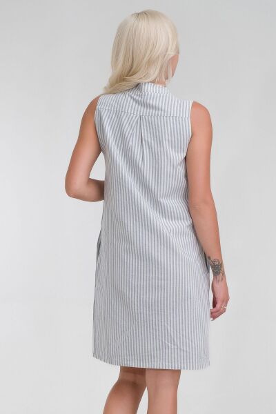 Cepli Yıkanmış Pamuk Likralı Elbise mavi ekru çizgili - 3XL