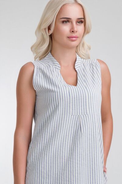 Cepli Yıkanmış Pamuk Likralı Elbise mavi ekru çizgili - 3XL