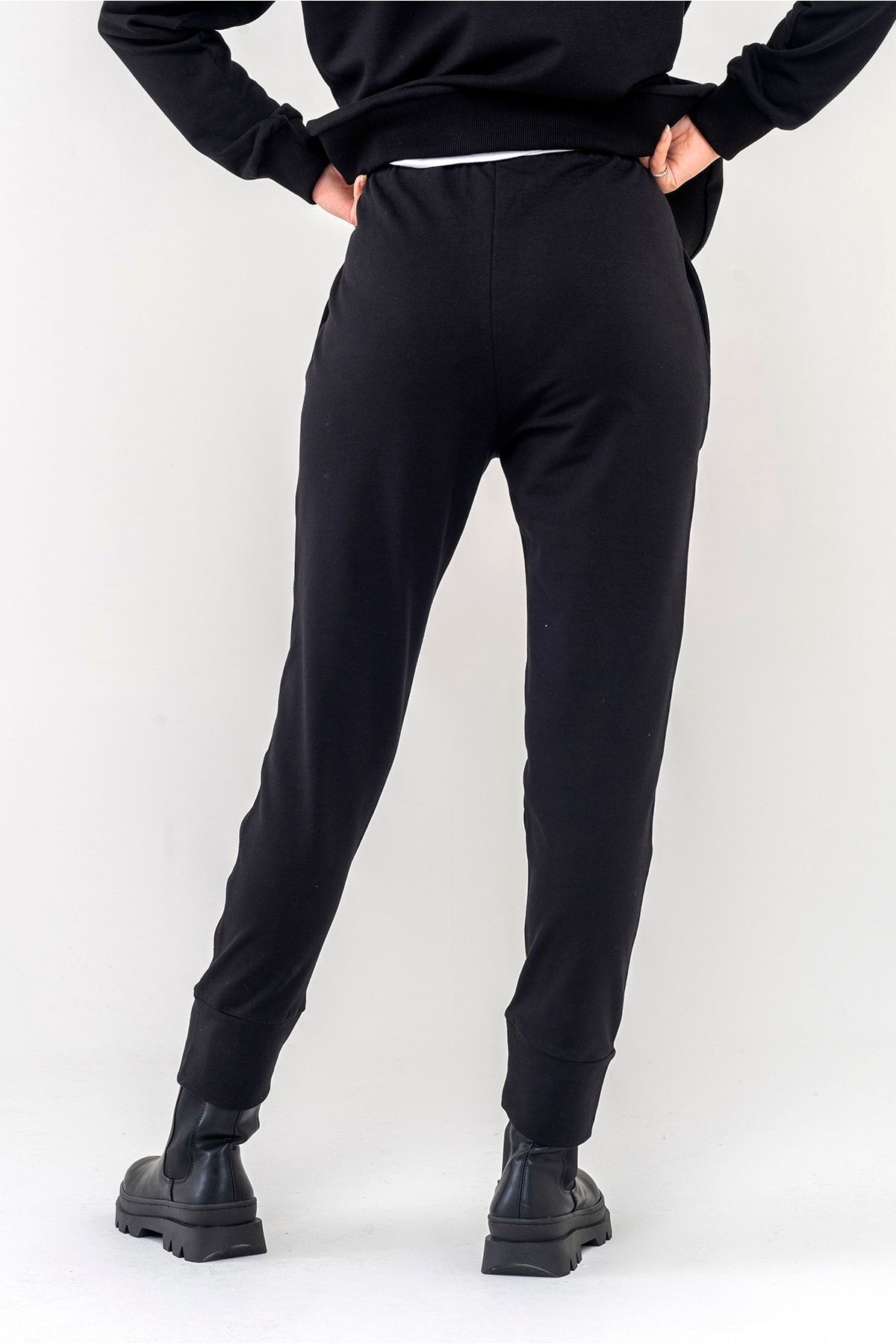 Kadın Penye Pamuk Likralı Paça Manşetli Pantolon L - Siyah