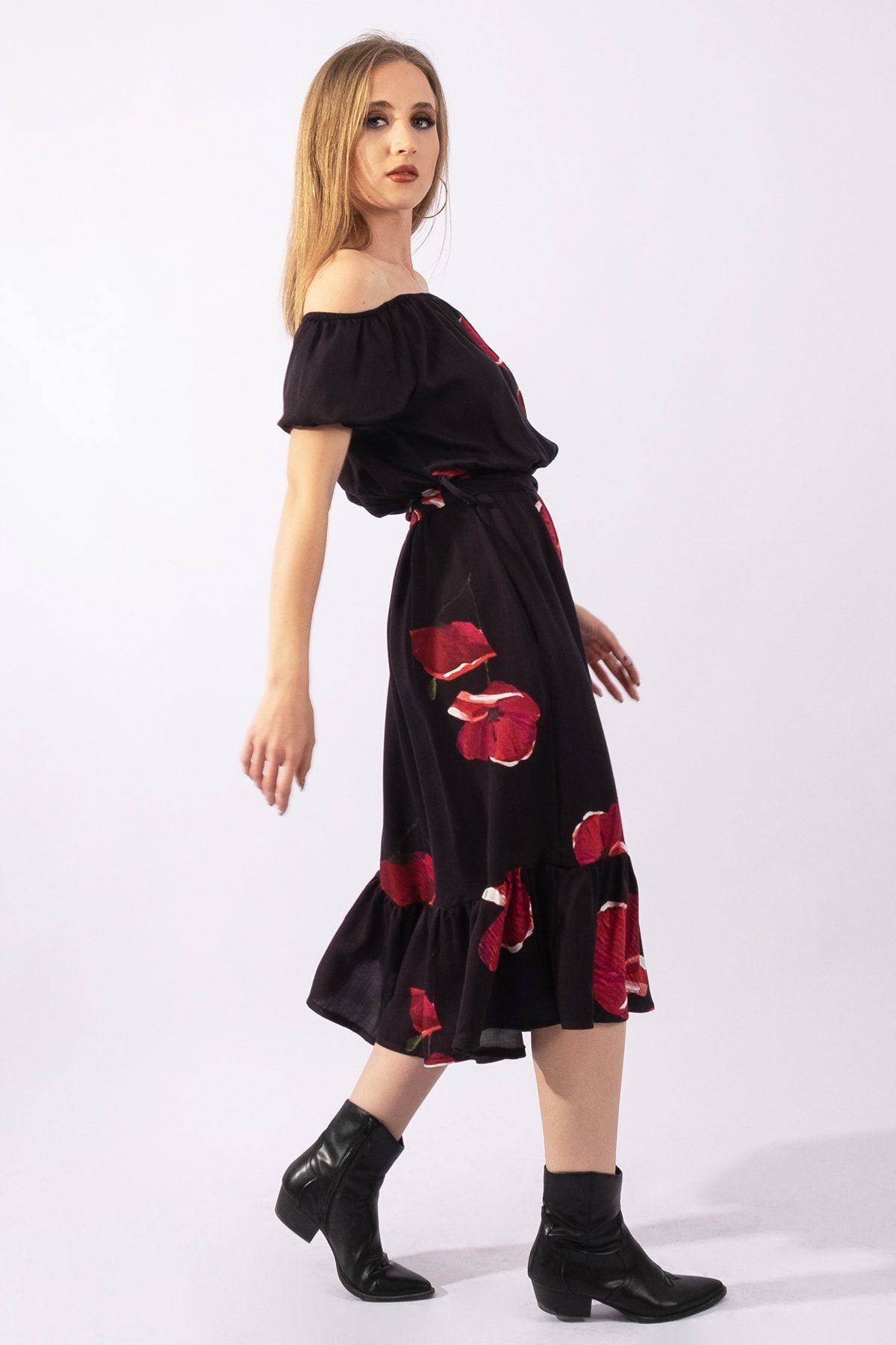 Kadın Siyah Zemin Baskılı Lastikli Yaka Lastikli Kol Kuşaklı dokuma Viskon Cepli Elbise S - ANTRASİT