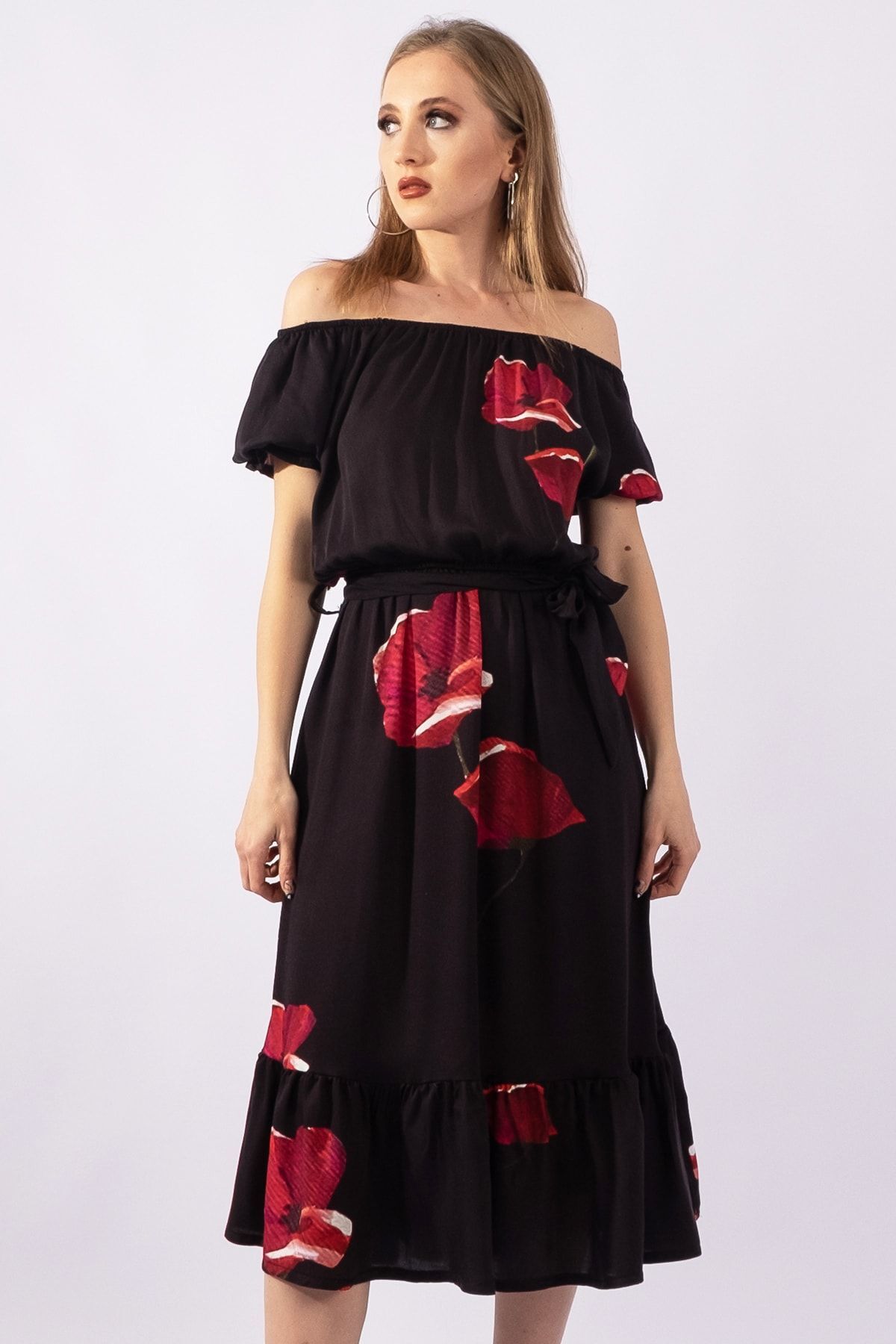 Kadın Siyah Zemin Baskılı Lastikli Yaka Lastikli Kol Kuşaklı dokuma Viskon Cepli Elbise S - ANTRASİT