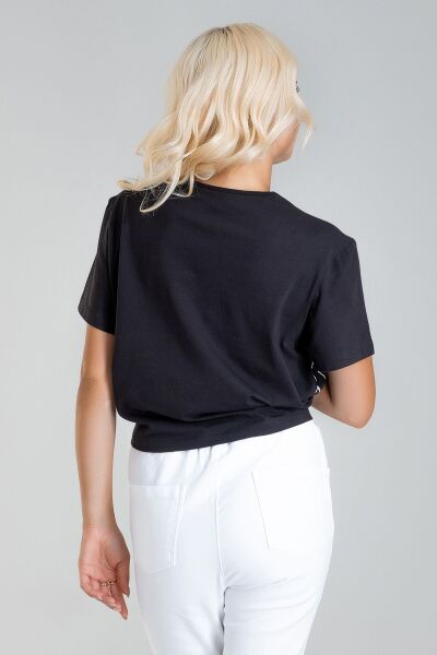 Kadın Bağlamalı Baskılı Viskon Kombinli Likralı Örme Kumaş Sıfır Yaka Tshirt XL - siyah-siyah baskı