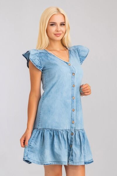 Büzgülü Kollu Önü Düğmeli Compact Penye Likralı Elbise bleach yıkama - S