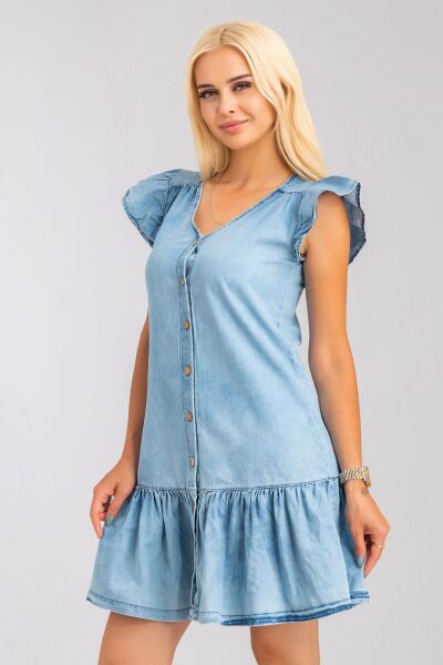 Büzgülü Kollu Önü Düğmeli Compact Penye Likralı Elbise bleach yıkama - S