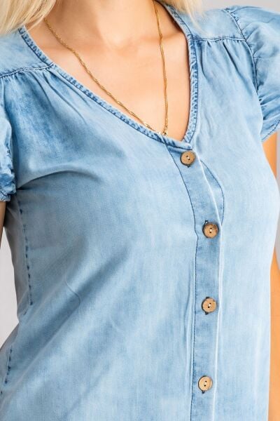 Büzgülü Kollu Önü Düğmeli Compact Penye Likralı Elbise bleach yıkama - S