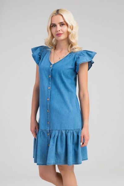 Büzgülü Kollu Önü Düğmeli Compact Penye Likralı Elbise indigo açık mavi - S