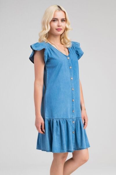 Büzgülü Kollu Önü Düğmeli Compact Penye Likralı Elbise indigo açık mavi - S