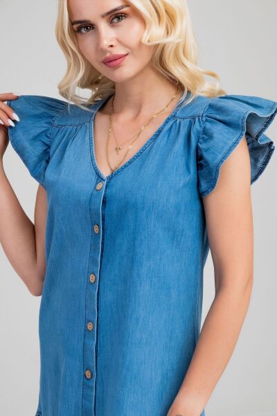 Büzgülü Kollu Önü Düğmeli Compact Penye Likralı Elbise indigo açık mavi - S