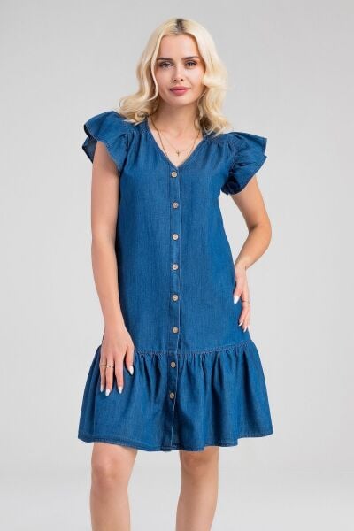 Büzgülü Kollu Önü Düğmeli Compact Penye Likralı Elbise indigo koyu mavi - S