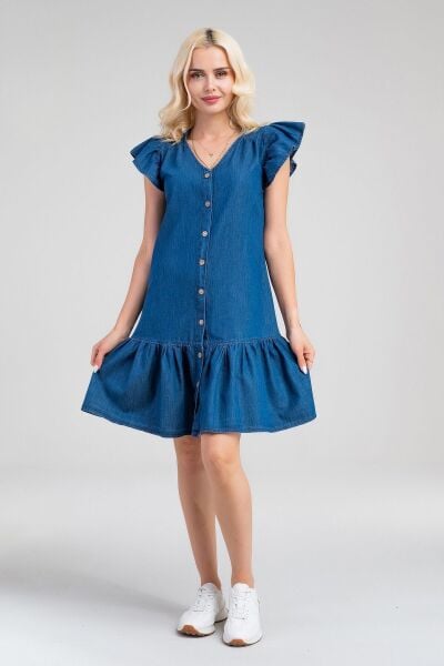 Büzgülü Kollu Önü Düğmeli Compact Penye Likralı Elbise indigo koyu mavi - S