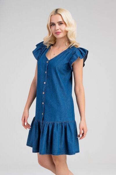 Büzgülü Kollu Önü Düğmeli Compact Penye Likralı Elbise indigo koyu mavi - S