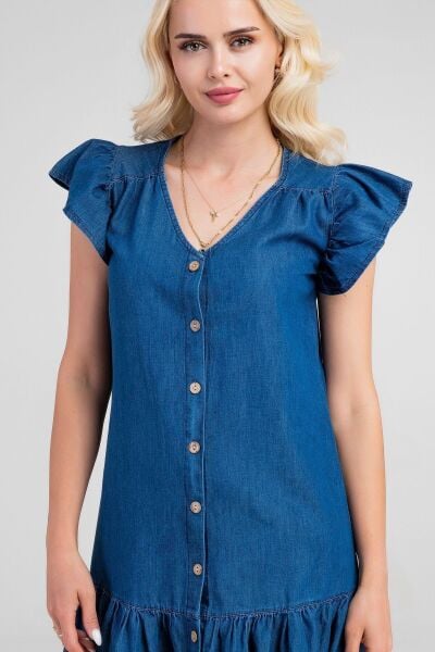 Büzgülü Kollu Önü Düğmeli Compact Penye Likralı Elbise indigo koyu mavi - S