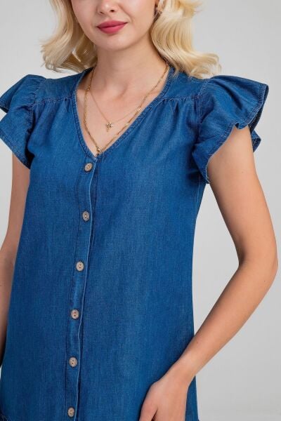 Büzgülü Kollu Önü Düğmeli Compact Penye Likralı Elbise indigo koyu mavi - S