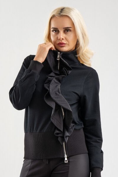 Siyah Volan Detaylı Fermuarlı Şık Sweat Ceket XXL