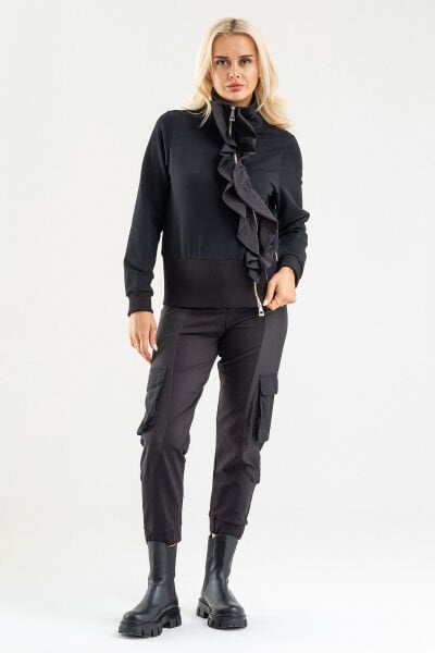 Siyah Volan Detaylı Fermuarlı Şık Sweat Ceket XXL