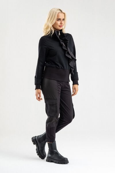 Siyah Volan Detaylı Fermuarlı Şık Sweat Ceket XXL
