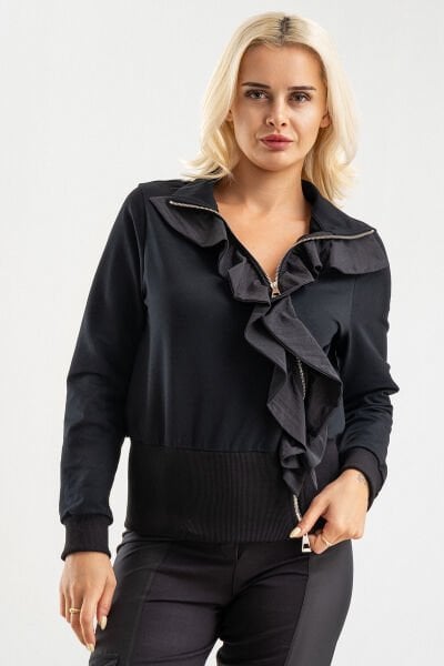 Siyah Volan Detaylı Fermuarlı Şık Sweat Ceket XXL