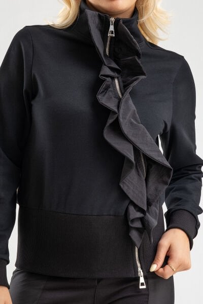 Siyah Volan Detaylı Fermuarlı Şık Sweat Ceket XXL
