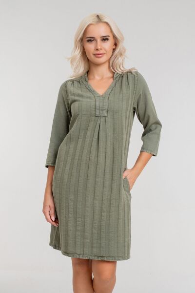 Cepli Yıkanmış Pamuk Likralı Elbise Açık Haki - L