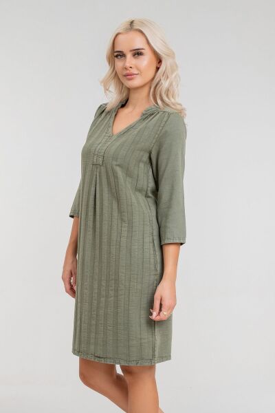 Cepli Yıkanmış Pamuk Likralı Elbise Açık Haki - L