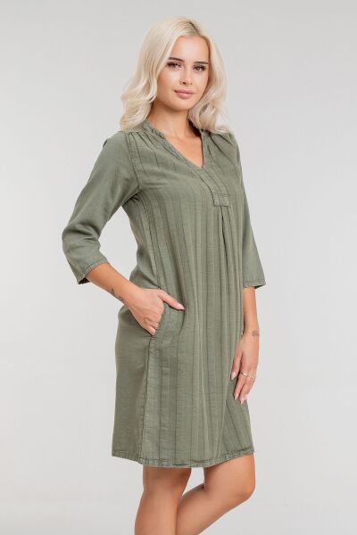 Cepli Yıkanmış Pamuk Likralı Elbise Açık Haki - L