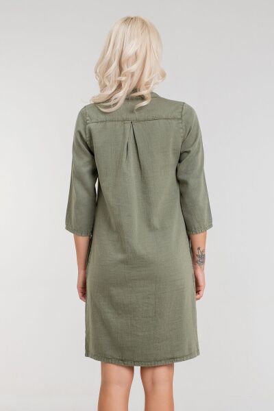 Cepli Yıkanmış Pamuk Likralı Elbise Açık Haki - L