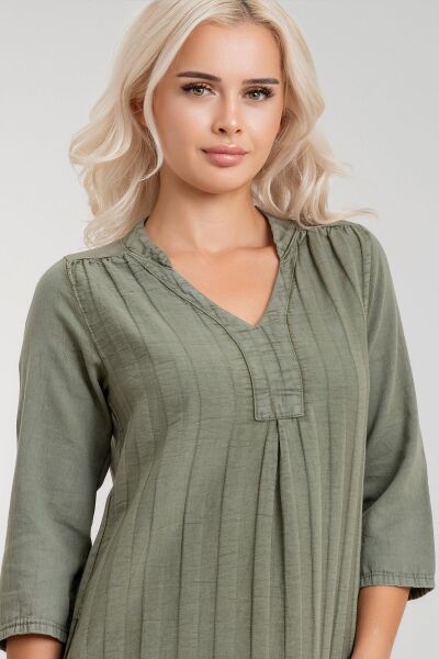 Cepli Yıkanmış Pamuk Likralı Elbise Açık Haki - L