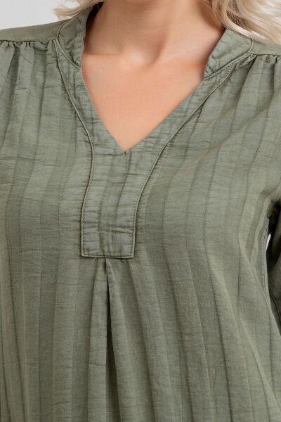 Cepli Yıkanmış Pamuk Likralı Elbise Açık Haki - L