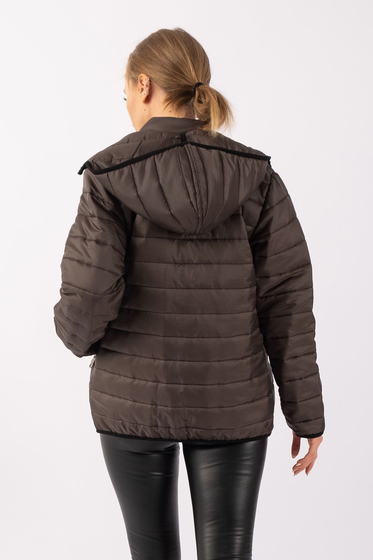 Kadın Kapişonlu Haki Şişme Metal Fermuarlı Mont Haki - S