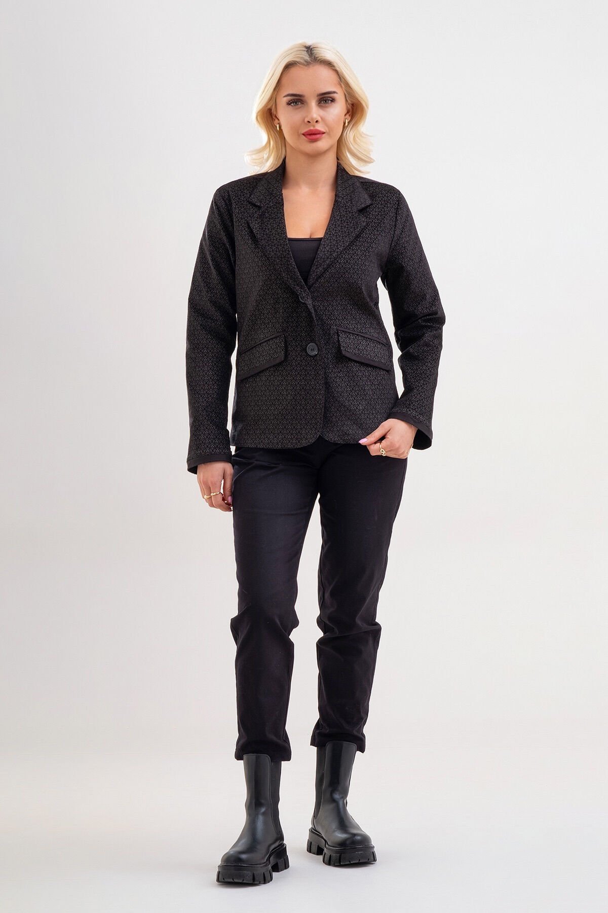 Bold & Young Kadın Baskılı Kadife Blazer Ceket – Likralı Pamuklu Kumaş, Astarlı, Çift Cepli 3XL - Siyah Desenli