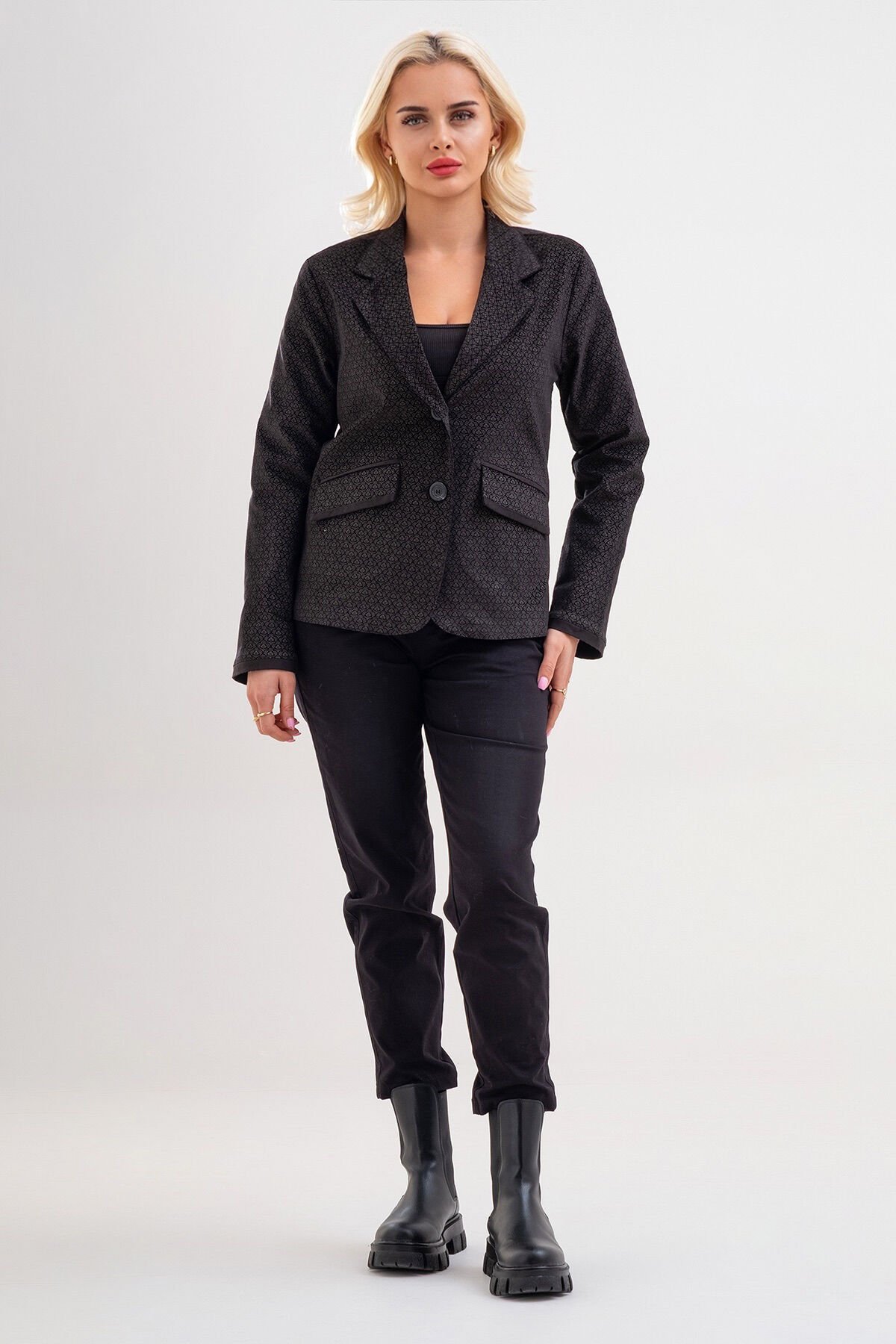 Bold & Young Kadın Baskılı Kadife Blazer Ceket – Likralı Pamuklu Kumaş, Astarlı, Çift Cepli 3XL - Siyah Desenli