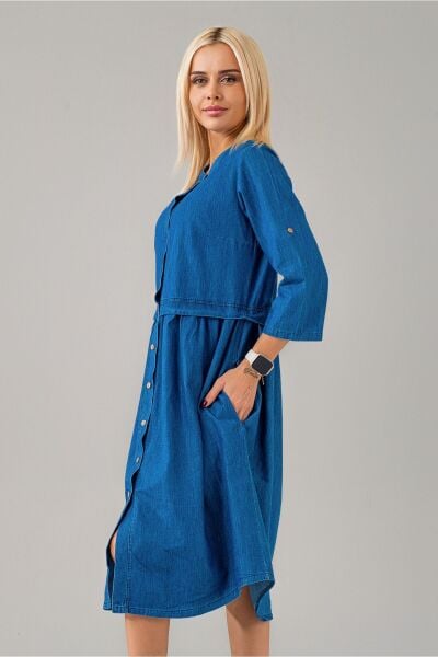 Kadın Indigo Beli Pervazlı Salaş Kol Britli Cepli Ince Kot Gömlek Elbise indigo mavi - S