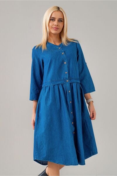 Kadın Indigo Beli Pervazlı Salaş Kol Britli Cepli Ince Kot Gömlek Elbise indigo mavi - S
