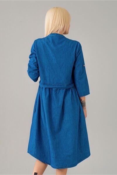 Kadın Indigo Beli Pervazlı Salaş Kol Britli Cepli Ince Kot Gömlek Elbise indigo mavi - S