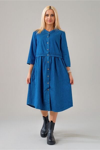 Kadın Indigo Beli Pervazlı Salaş Kol Britli Cepli Ince Kot Gömlek Elbise indigo mavi - S