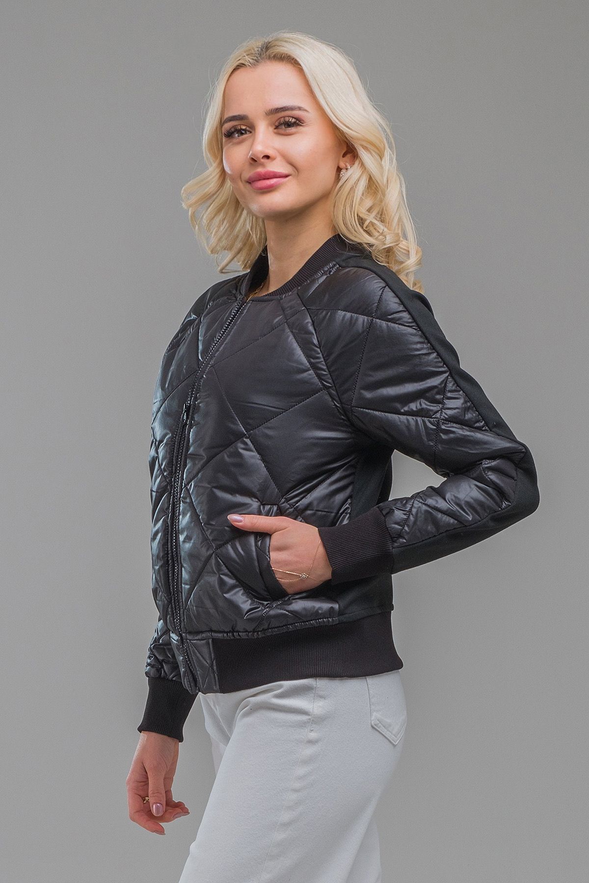 Kadın Siyah Ön Kapitoneli Flato Cepli Çelik Kumaş Kombinli Fermuarlı  Bomber Mont siyah kapitone - XL