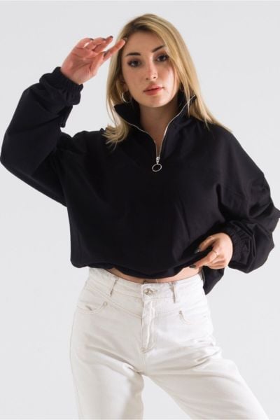 Kol Ucu , Etek Lastikli Yaka Fermuarlı Sweatshirt L - Siyah