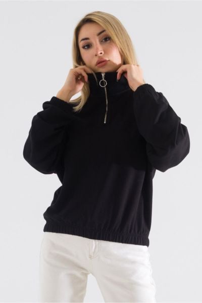 Kol Ucu , Etek Lastikli Yaka Fermuarlı Sweatshirt L - Siyah