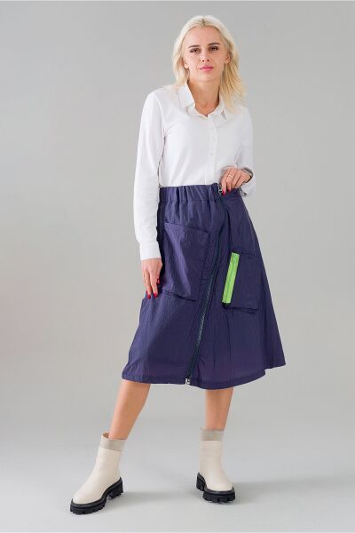 Kadın Yeşil Astarlı Fermuarlı Astarlı Cepli Paraşüt Etek indigo - M