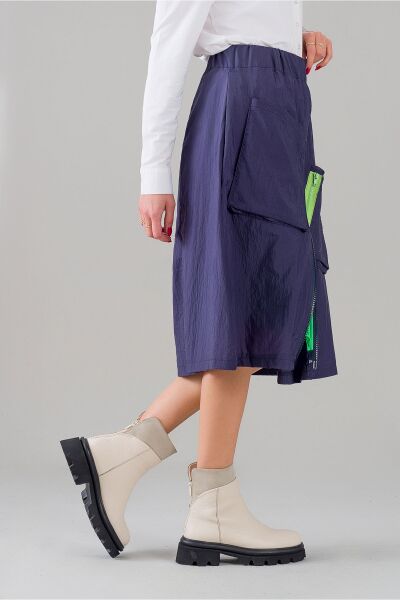 Kadın Yeşil Astarlı Fermuarlı Astarlı Cepli Paraşüt Etek indigo - M