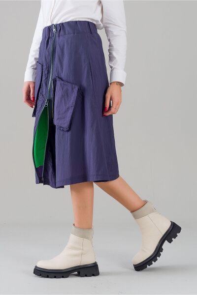 Kadın Yeşil Astarlı Fermuarlı Astarlı Cepli Paraşüt Etek indigo - M
