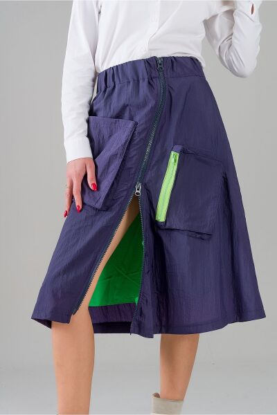 Kadın Yeşil Astarlı Fermuarlı Astarlı Cepli Paraşüt Etek indigo - M