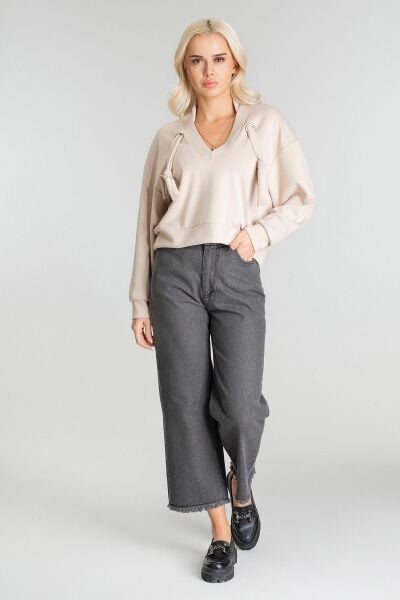 Kadın Modal Cupra Kumaş Kuşgözü Kordonlu Sweatshirt L - BEJ