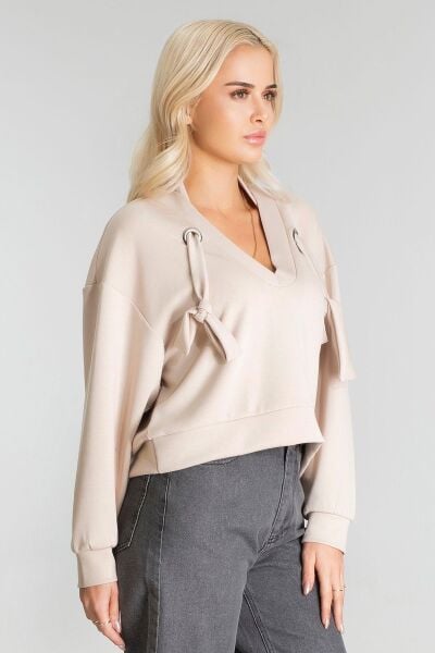 Kadın Modal Cupra Kumaş Kuşgözü Kordonlu Sweatshirt L - BEJ