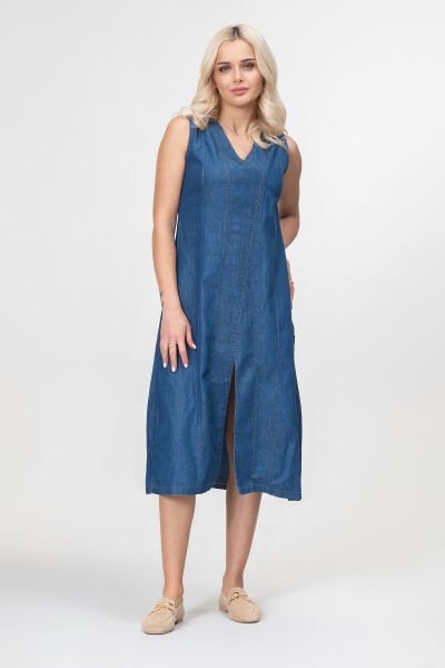 Bold and Young Kadın Yırtmaçlı V Yakalı Kolsuz Pamuklu Elbise 3XL - indigo