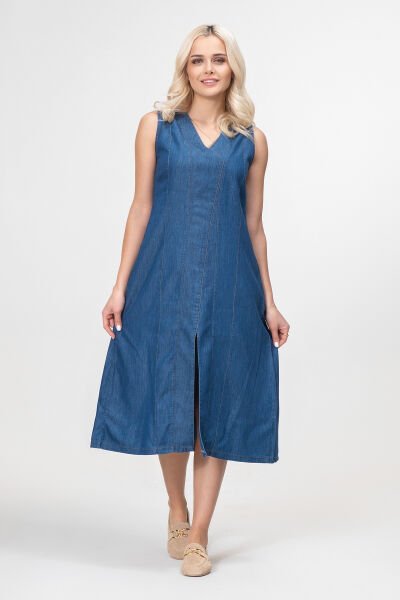 Bold and Young Kadın Yırtmaçlı V Yakalı Kolsuz Pamuklu Elbise 3XL - indigo