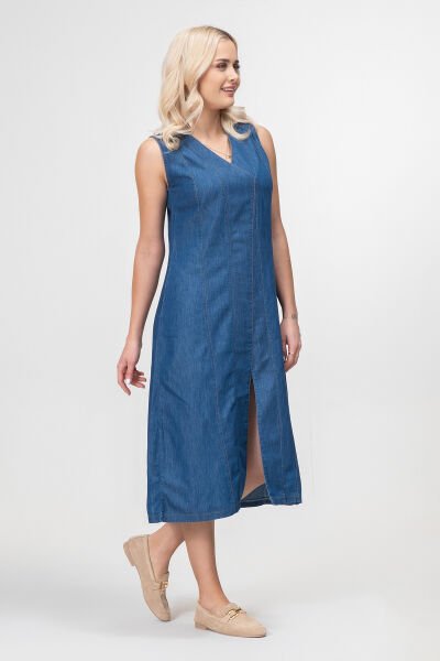 Bold and Young Kadın Yırtmaçlı V Yakalı Kolsuz Pamuklu Elbise 3XL - indigo