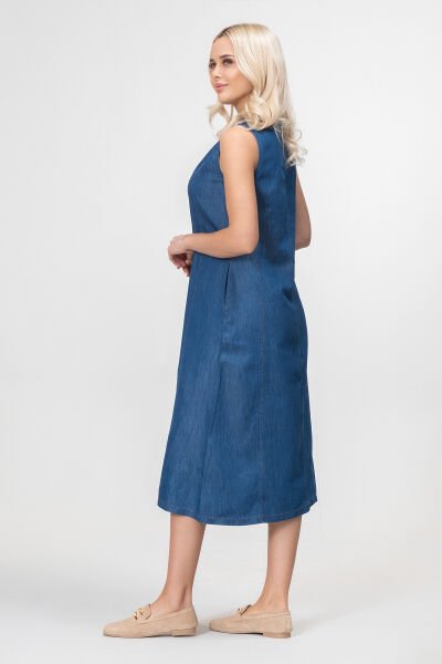 Bold and Young Kadın Yırtmaçlı V Yakalı Kolsuz Pamuklu Elbise 3XL - indigo