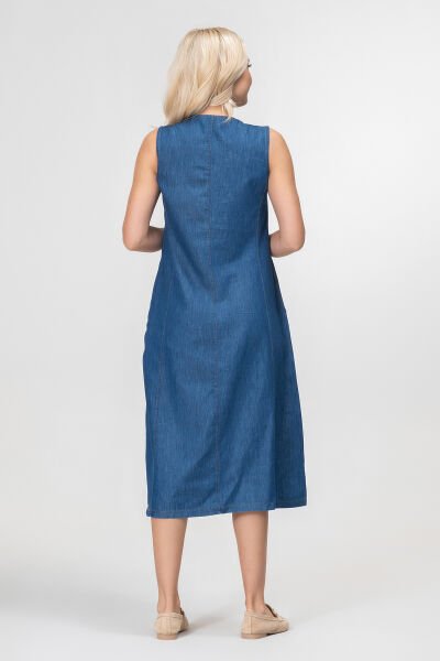 Bold and Young Kadın Yırtmaçlı V Yakalı Kolsuz Pamuklu Elbise 3XL - indigo